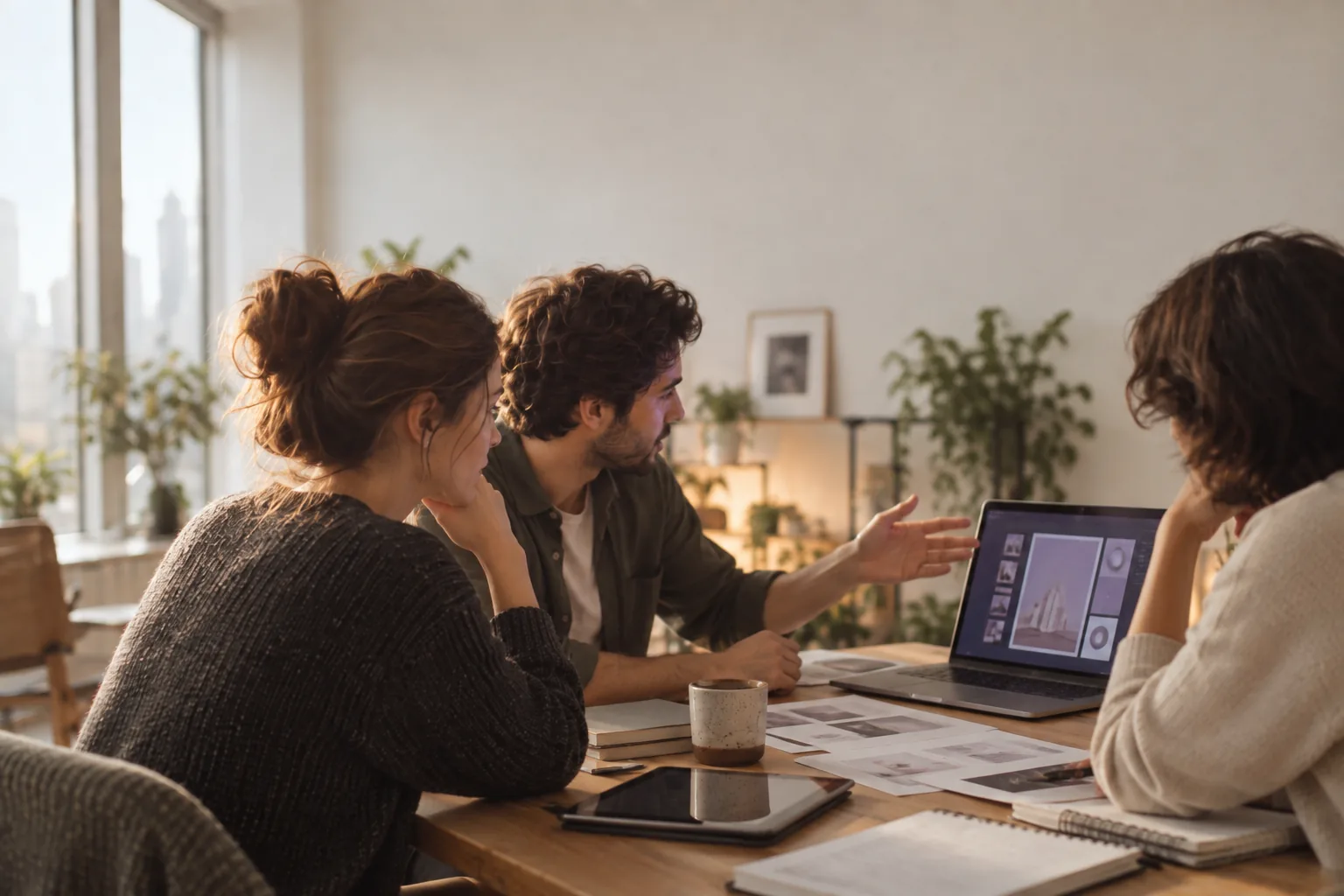Agency team discussing campaign work around a laptop